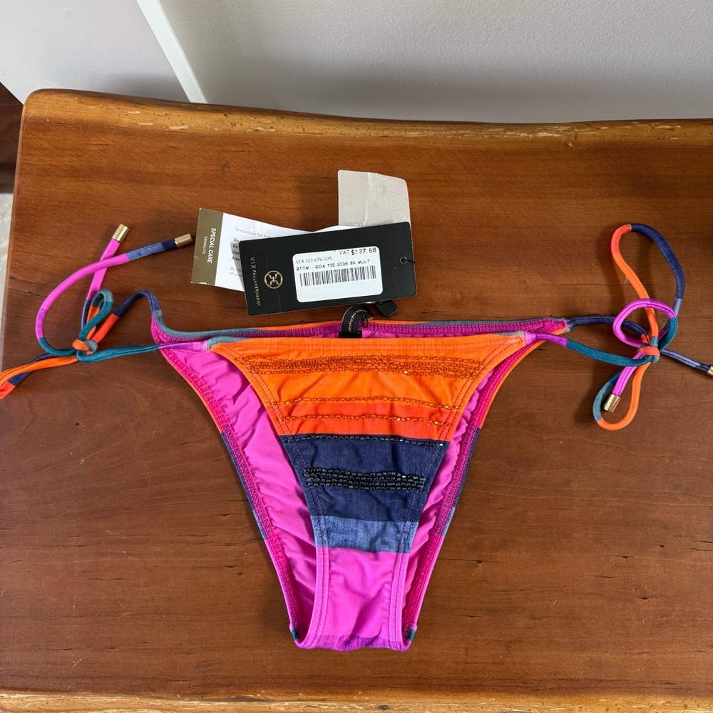 NEWA Vix Paula Hermannny Pink, Blue,Orange beaded side tie Bikini bottom gold. M